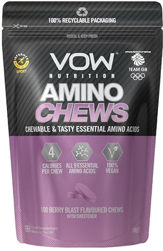 Vow Amino Chews, Chewable and Tasty Essential Amino Acids, BCAA, EAA Complex, L-Leucine, L-Lysine, L-Valine, L-Isoleucine, Vegan, Informed Sport Approved (Berry Blast)