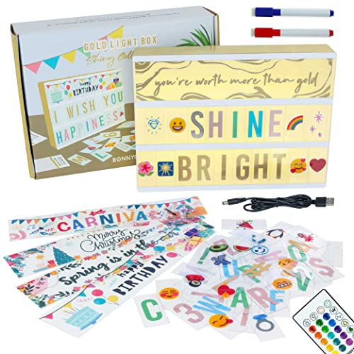 BONNYCO Caja de Luz A4 Dorada 16 Colores 400 Letras, Emojis, 10 Tarjetas Premium, Mando, 2 Rotuladores, Ñ y Ç Incluidas. Cartel Luminoso LED, Regalos Originales para Mujer, Regalos para Niñas Navidad