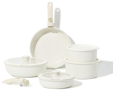 CAROTE Essential Batteria di Pentole 11 Pezzi, Manici Amovibili Padella con Casseruola Fonda, Padella, Tegame, Wok, Coperchi, Antiaderenti per Induzione,Gas e Forno