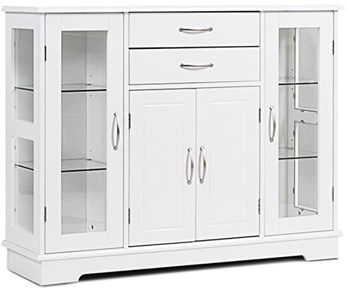 TANGZON Storage Cabinet, Sideboard with 2 Glass Doors, 2 Drawers & Adjustable Shelves, Wooden Buffet Cupboard for Kitchen, Dining Room and Living Room (White)