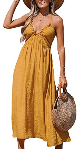 CUPSHE Robe longue d'été dos nu smockée pour femme - Col plongeant - Épaules dénudées - Sans manches - Longue et solide - Taille ajustée, jaune, XL