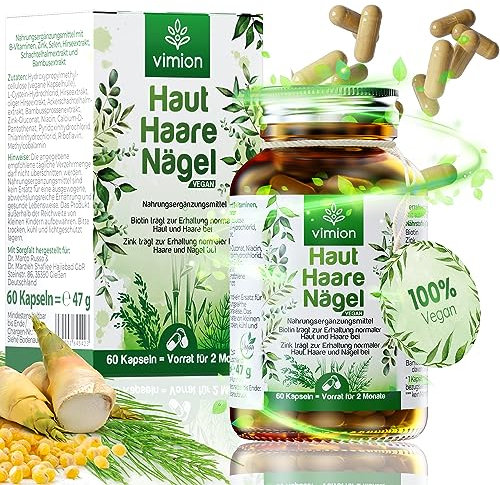 Vimion Haut-Haare-Nägel-Kapseln vegan, mit Biotin, Zink, Selen, B-Vitamin-Komplex, L-Cystein sowie Silizium aus Bambus, Ackerschachtelhalm und Hirse – 60 Kapseln als Vorrat für 2 Monate