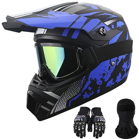 Motorcycle Dirt Bike Helmet Full Face Motocross Helmets for Outdoor Sports Off Road Racing Mountain Bike Men Women Off-Road Helmet Gloves Goggles for Adult Youth DOT/FMVSS 218 Approve(Dark Blue S)