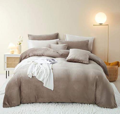 Freyamy Bettbezug Flanell, 200 x 200 cm, Khaki, Plüsch, für Doppelbett, Samt, Winter, warm, mit Reißverschluss, weiches Sherpa-Fleece, Bettwäsche mit 2 Kissenbezügen, 65 x 65 cm