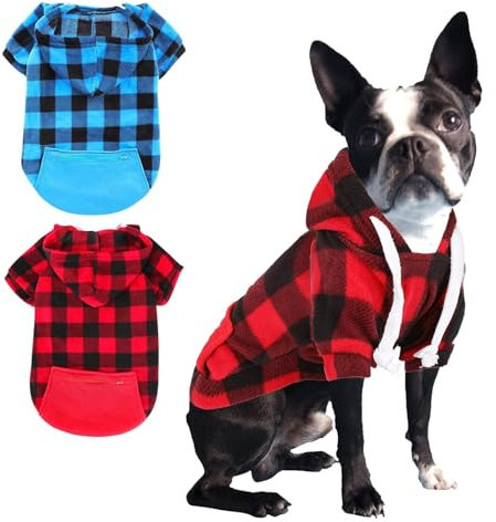 Sbayool Modisch Mittlere Hund Kapuzenpullis Set, 2 Stück Karomuster Hundebekleidung Mit Reißverschlusstasche, Rot Und Blau Hunde Hoodie for Große and Mittlere Hunde, 2XL