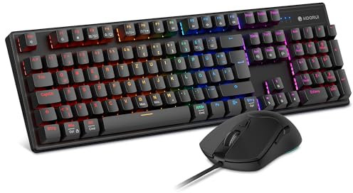 KOORUI Gaming Tastatur Maus Set, Mechanisch Tastatur Set DE QWERTZ Layout 12 Funktionstasten USB Ergonomische Tastatur und Maus mit 6 Tasten 3200 DPI für Win, MacOS, Linux-Rotem Schalter