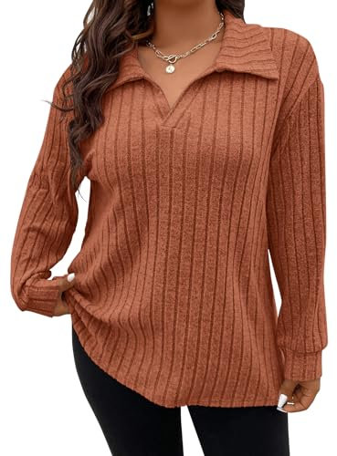 Gemulate Womens Tunic Jumpers Sweater Long Sleeve Tops Ladies Plus Size Clothing Striped Oversized Tshirts Sweaters Pumpkin 5XL