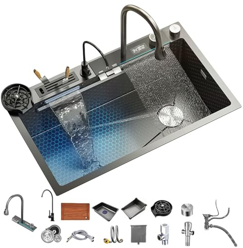 SDGRP Kitchen Sink 304 Stainless Steel Undermount Sink Drop in Single Bowl Kitchen Sinks, With Pull Down Sprayhead Faucet, With Pressurized Cup Washer and Two Waterfalls (31.5 x 18.1 inch)