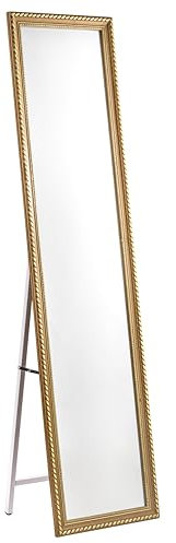 Baroni Home Specchio da Terra con Struttura in Acciaio, Specchio a Figura Intera con Supporto Pieghevole con Cornice Decorata in Legno, Riccioli Oro, 40x150 cm
