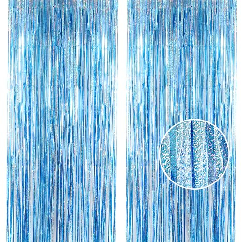 Cortinas de oropel, azul bebé con purpurina, 1 x 2,5 m, telón de fondo para fiestas y fotos, decoración para cumpleaños, escuela, graduación, fiestas de chicos, 2 unidades