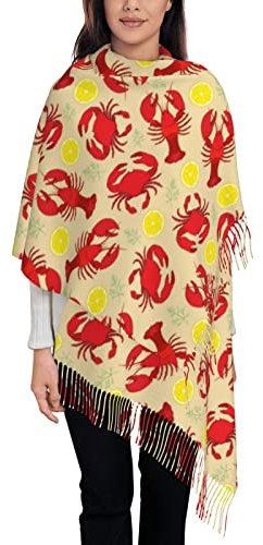 LAMAME Schal mit Hummer- und Krabben-Druck, Quaste, Fransenschal, Kaschmir-Schal, Schal, Karabiner und Krabbe, One size