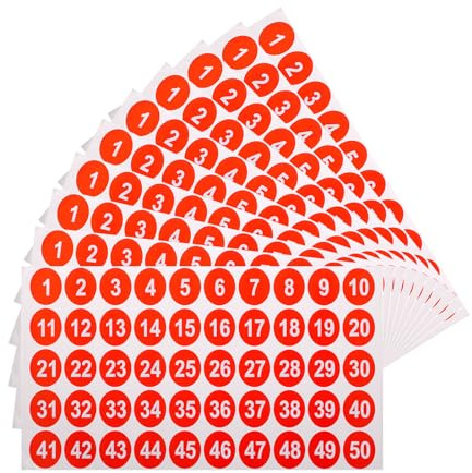 QUARKZMAN 10 Fogli Rotondo Numero Adesivo 1-50 PVC Consecutivo Numero Etichette Autoadesivo Numero Decalcomania per Ufficio Aula Scatola Conservazione Rosso(1 Ciascuno)