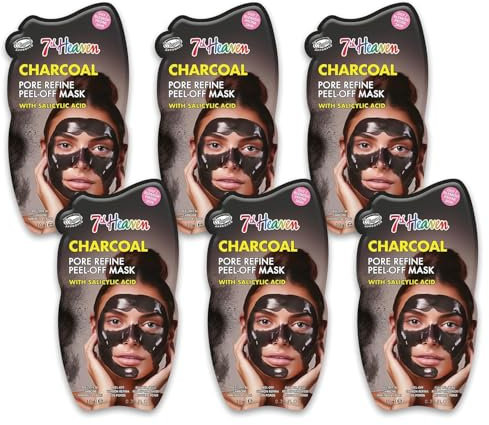 7th Heaven Charcoal Peel Off Face Masks (Pack of 6). Pore Refining Charcoal Face Masks Peel Off, Formulated with Salicylic Acid, Vegan Pamper Gifts for Women - Genuine 7th Heaven Face Masks Skincare