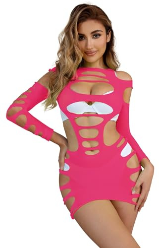 comeondear Lencería Sexy Mujer Manga Larga Body de Malla Talla Grande Ropa Interior Sexy Babydoll Lenceria Mini Vestido Rejilla Conjunto Bodystokings Elásticos Lingerie Rosa,L-XXL
