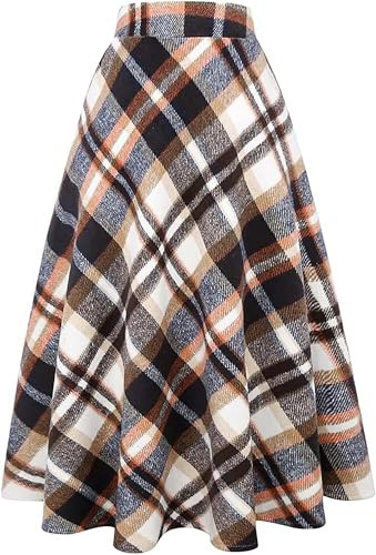 Falda larga de lana a cuadros para mujer, para otoño e invierno, cintura alta, plisada, de lana escocesa, Marrón blanco, S