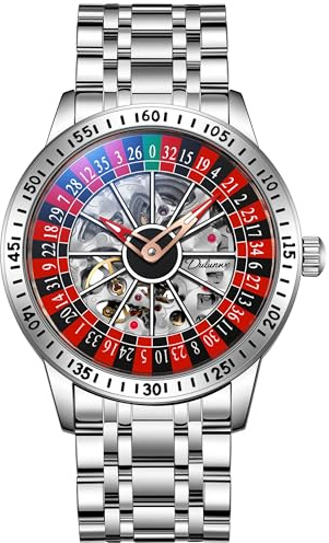MASTOP Roulette Wheel Menâs Watches Automatic Mechanical Watch for Men Swinging Rotary Dial Design Hollow Skeleton Watches Stainless Steel Waterproof Business Wristwatch (Silver)