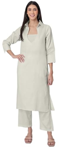 Moomaya Esclusivo Ed Elegante Set da 3 Pezzi Indo-Occidentale Kurta E Pantaloni, Completo in Cotone Slub Firmato con Tasche
