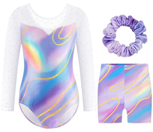 Boteria Dreiteilige Gymnastikanzug Mädchen Turnanzug Leotard Turnshorts und Haarband Set, Langarm Ballettröckchen Kleid Trikotanzug Gymnastik Outfit Set für 5-12 Jahre (Phantomfarbe, 110(5-6Jahre))