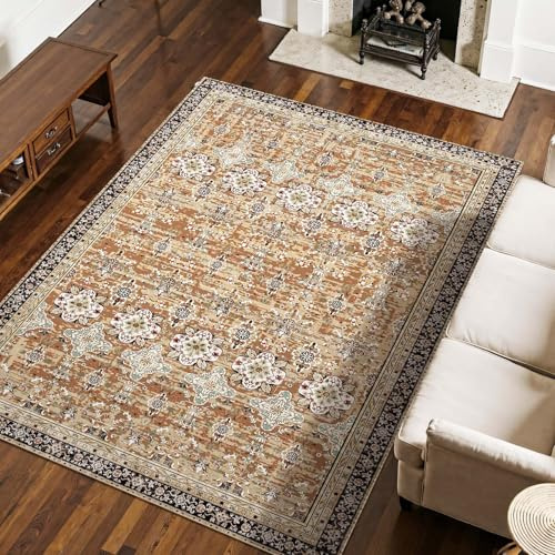 VEVOR Area Rug, 7.5 x 9.5 ft Large Washable Rug, Non-Slip and Tear-Resistant Soft Carpet, Pet & Child Friendly Vintage Area Rugs, Indoor Mat for Bedroom, Living Room, Office, Entryway, Brown Green