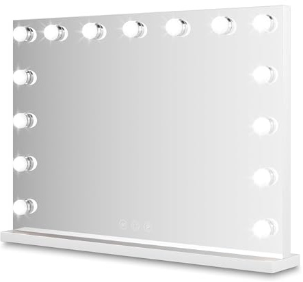 Bayt Specchio Trucco con luci LED – Specchio Hollywood bianco 58x46 cm con 15 lampadine dimmerabili, 3 tonalità di luce (calda, fredda, naturale), touch screen
