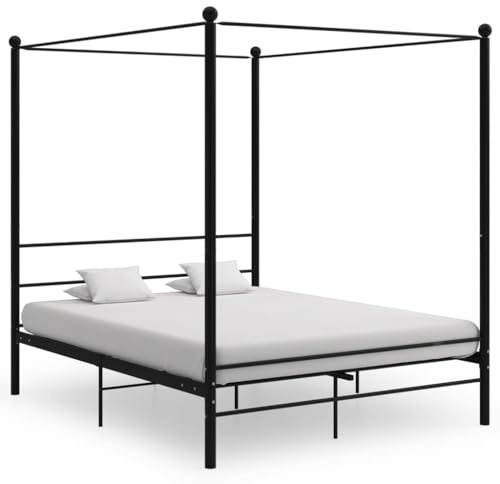 Teenpull Himmelssäng, svart, metall, 160 x 200 cm, robust pulverlackerad ram med ribbotten, elegant plattformsram för madrasser, sovrumsmöbler med gardinstång.