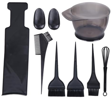 Professional Hair Dye Bowl and Brush Kit, 8pcs Plastic Black Set | DIY Colouring Tools, Portable and Easy to Hold, for Salon Use and Home Hairdressing