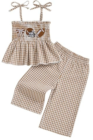 VISGOGO Toddler Baby Football Girl Outfit Bow Smocked Spaghetti Strap Plaid Tops Pants Embroidery Football Baby Girl Clothes (Football-Bow, 3-4T)