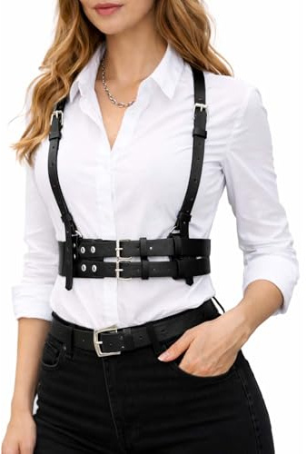 Goth Leather Harness Belt for Women – Punk Body Chest Top Strap Black Pu Waist Belt for Costume, Party Cosplay Outfits Wear (Black)