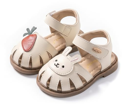 TootyTots Infant Girls Sandals Closed Toe Toddler Summer Shoes, First Walkers Hook & Loop Non-Slip Beach Water Shoes, Breathable Microfibre Nursery Holiday Footwear with Cute Bunny & Carrot