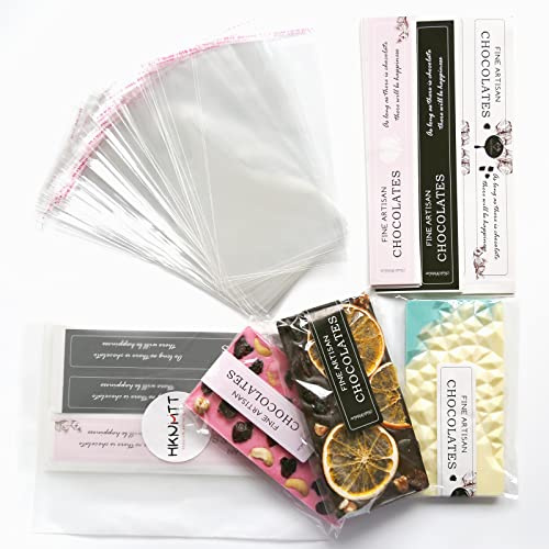 Chocolate Candy Bar Packaging Wrappers 190PCS SET With 100pcs 4*7.8 Cellophane Clear Plastic Self Adhesive Bags and 90pcs Chocolate Stickers for DIY Chocolate Lover Small Batched Custom Sweets