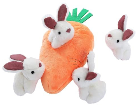 Amazon Basics Quietschendes Hundespielzeug aus Plüsch zum Verstecken Spielen, Hase und Karotte, 5er-Pack, Orange und Weiß