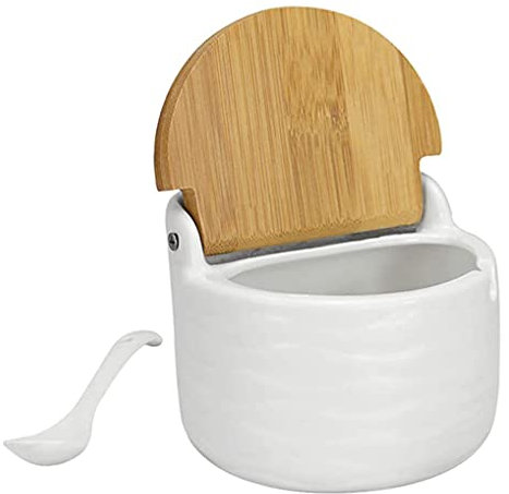 Liummrcy Sugar Bowl Ceramic Sugar Pot Jar Salt Cellar Container with Reversible Bamboo Lid Spoon for Spice White