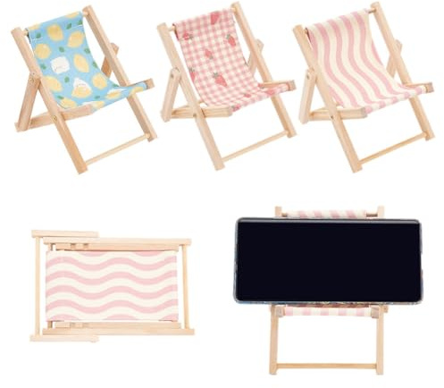 WEBEEDY 3pcs Cell Phone Holder Wood Canvas Beach Deck Chair Foldable Cell Phone Holder 3 Styles Adjustable Mini Folding Chair Cell Phone Stand Desktop Multifunction Mobile Phone Holder