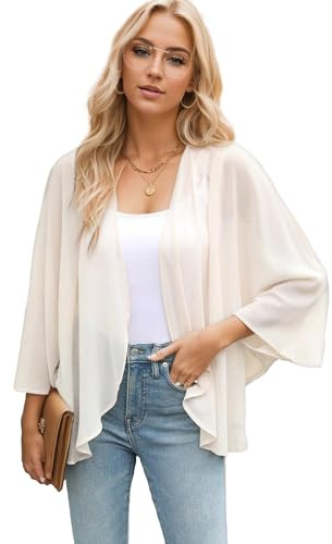 Famulily Ladies Chiffon Kimono Cardigans Summer Sheer Shrugs Top Half Sleeve Open Front Beach Cover up (L,Beige)