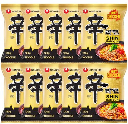 Nongshim Shin Ramyun Korean Spicy Instant Ramen Noodle - Spicy Chicken Flavour 120g (Pack of 10)