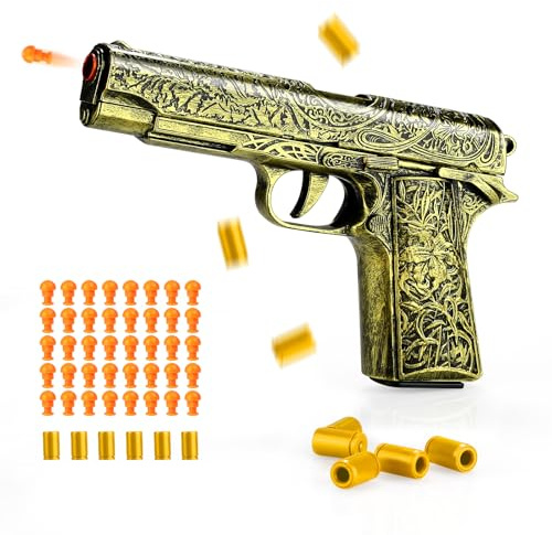 SK MISS Pistolet Jouets Enfant, Pistolets Vintage en Plastique Gravé en Or avec Balles Souples, Pistolet a Bille, Jouets éducatifs Cadeau d'anniversaire pour Les 14+ Ans, Fonctionnement Continu
