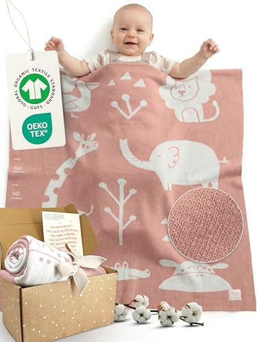 Merle Toys® Premium Babydecke Baumwolle, 100% Bio, GOTS- und Oeko-TEX zertifizierte Baby Decke für Neugeborenen mit Wachstumsskala, Geschenk zur Geburt Junge & Mädchen, Kuscheldecke Baby, Rosa