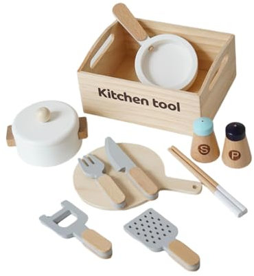 Luwecf Wooden Toy Cooking Set Pretend Play Playset Play Dishes for Kids Montessori for Birthday Gift