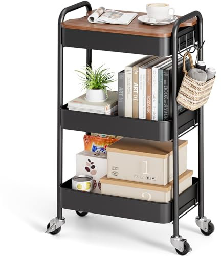 KINGRACK Rollwagen mit 3 Ebenen, Metallwagen mit abnehmbarem Holztablett, Aufbewahrung, Kunstwagen, Trolley, Organizer, Servierwagen, einfache Montage