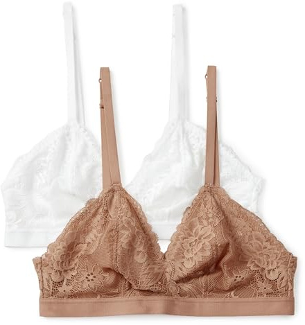 Amazon Essentials Women's Stretch Galloon Lace Unlined Triangle Bra, Wireless, Pack of 2, White / Washed Bronze, Small