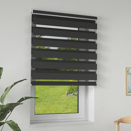 LILIIN Doppelrollo klemmfix ohne Bohren, Duo Rollo Blickdicht Zebrarollo Rollos für Fenster & Tür, Rollo Klemmrollos für Wohnzimmer Küche Büro lichtdurchlässig und Verdunkelnd, Schwarz, 60x120cm