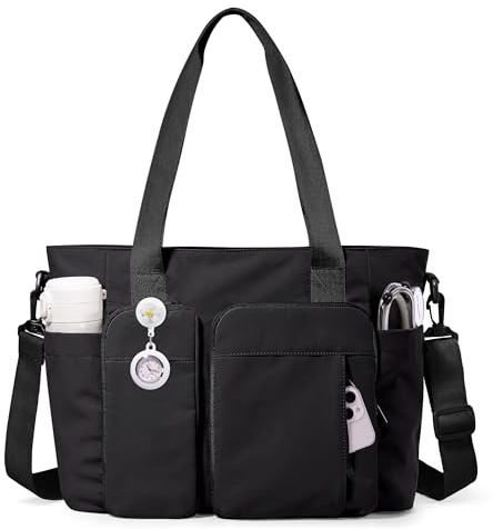 Marscamd Nurse Tote Bag with Crossbody Strap, 9-Pocket Clinical Bag for Nursing Students with Laptop Sleeve, Bag for Work, School, Teacher, Black