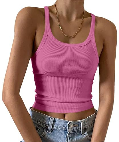 DUOEASE Top Donna Elegante a Coste Elasticità Canotta Donna Spaghetti Crop Top Donna Scollo U Rosa Scuro-M