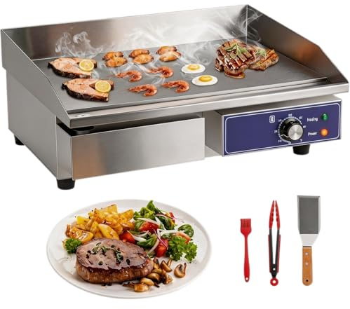TANGZON Commercial Electric Griddle, 2800W Countertop Flat Top BBQ Grill - 55x35cm Cast Iron Plate, Stainless Steel, Adjustable Temperature 50-300°C, for Home Catering Kitchen Burger Bacon Steak
