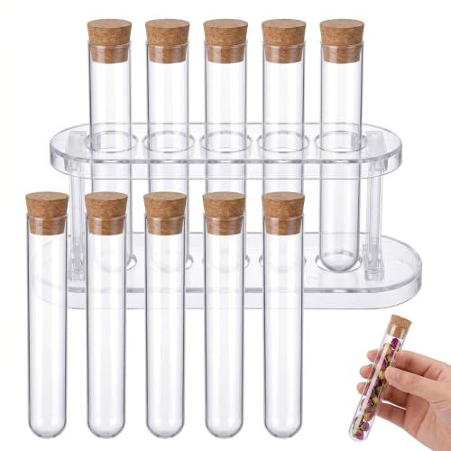 11 Pcs Kit Tube a Essai Plastique avec Bouchon de Liège et Support, 10 Éprouvettes Plastique Transparent 20ml (16x150mm) avec 1 Porte-Tube pour Bonbons, Épices, Fleurs, Décoration Mariage DIY