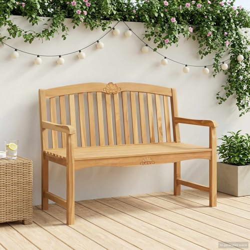 Holekex Handgjord rosbänk av massivt teak 114 x 60 x 95 cm natur med ribbbaksida och stolben för trädgård terrass balkong, väderbeständig och robust för utomhusbruk, rustik och hållbar