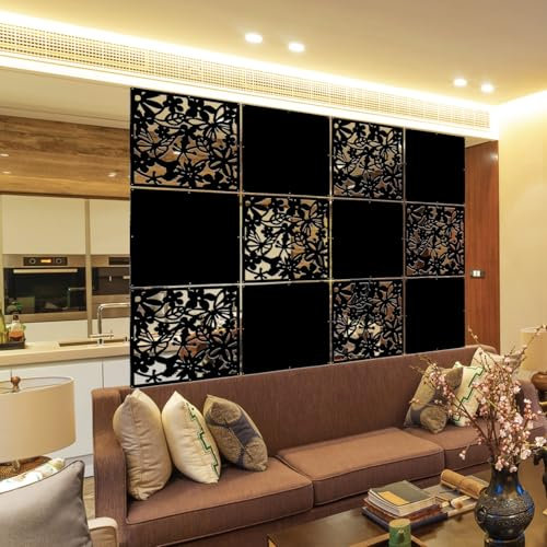 LRZCGB Set di 12 pannelli decorativi divisori in PVC da appendere, colore nero+nero pieno