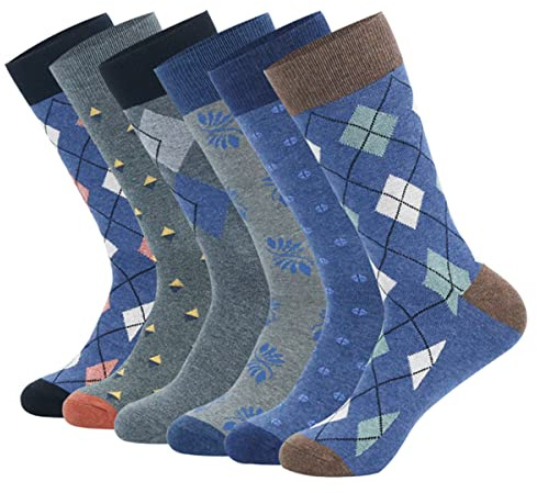 HHX YONLEE Mens Blue Grey Argyle Dress Cotton Socks Patterned Socks 6 Pack Fun Colorful Happy Sock Size 10-13