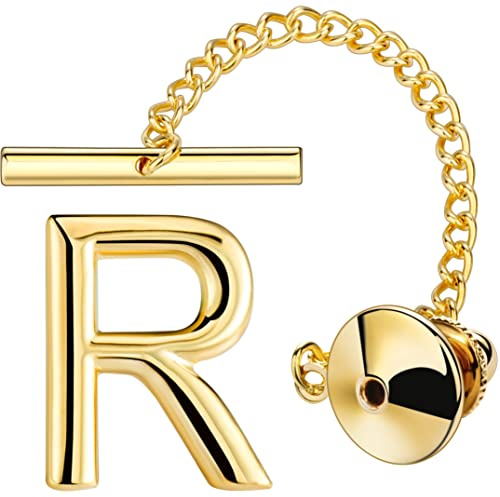 AMITER Men Tie Tack, Initial A-Z Gold Tie Pin with Chain Clips for Necktie, Bow Tie & Hat