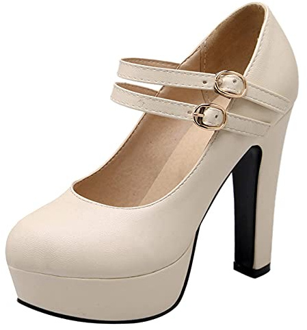 Escarpins Habillés Femme, Mary Jane Bloc Elegant Chaussures de Soirée Talons Hauts Bout Rond avec Plateforme Boucle Beige Taille 40 EU